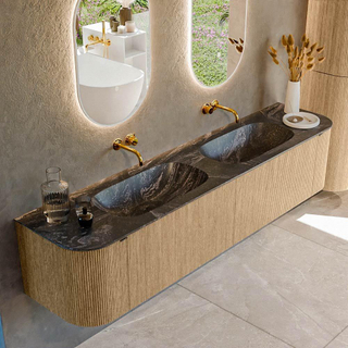 MONDIAZ KURVE-DLUX 200cm Meuble salle de bain avec module 25 G et D - couleur Oak - 2 tiroirs - 2 portes - vasque STOR SMALL double - sans trou de robinet - couleur Lava