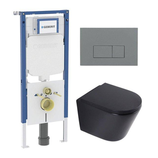 QeramiQ Dely Toiletset - 36.3x51.7cm - diepspoel - rimless - Geberit UP720 inbouwreservoir - softclose toilet zitting 35 mm - bedieningsplaat licht grijs - rechthoekige knoppen - mat zwart