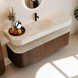 MONDIAZ THOR-DLUX 150cm meuble de salle de bains arrondi gauche + droite couleur Walnut avec 1 tiroir et 2 portes. Vasque suspendue CLOUD Milieu 1 trou de robinet couleur Meli.