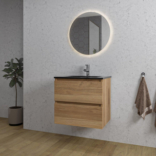 Adema Chaci Ensemble de meuble - 60x46x57cm - 1 vasque en céramique noire - 1 trou de robinet - 2 tiroirs - miroir rond avec éclairage - cannelle