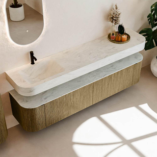 MONDIAZ THOR-DLUX 200cm meuble de salle de bains arrondi gauche + droite couleur Dusk avec 2 tiroirs et 2 portes. Vasque suspendue CLOUD gauche 1 trou de robinet couleur Opalo.