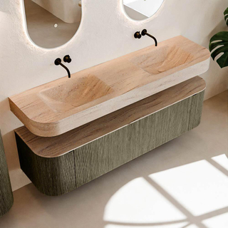 MONDIAZ THOR-DLUX Meuble de salle de bains 170cm arrondi gauche + droite couleur Shadow avec 1 tiroir et 2 portes. Vasque suspendue CLOUD Double sans trou de robinet couleur Saba.