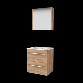 Basic-Line Comfort 46 ensemble de meubles de salle de bain 60x46cm avec poignées 2 tiroirs lavabo en porcelaine 1 trou de robinet armoire de toilette mfc whisky oak