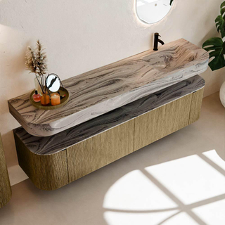 MONDIAZ THOR-DLUX Meuble de salle de bains 190cm arrondi gauche + droite couleur Dusk avec 2 tiroirs et 2 portes. Vasque suspendue CLOUD Droite 1 trou de robinet couleur Sombra.