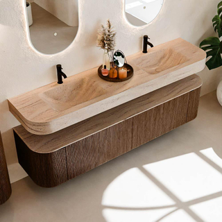 MONDIAZ THOR-DLUX 190cm meuble de salle de bains arrondi gauche + droite couleur Walnut avec 2 tiroirs et 2 portes. Vasque suspendue CLOUD Double 2 trous de robinet couleur Saba.