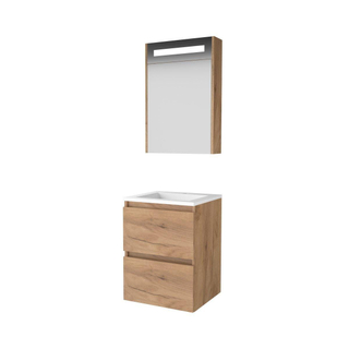 Basic-Line Premium 46 ensemble de meubles de salle de bain 50x46cm sans poignée 2 tiroirs lavabo acrylique 1 trou de robinetterie armoire de toilette éclairage led intégré mfc whisky oak