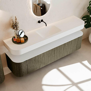 MONDIAZ THOR Meuble de salle de bains 190cm arrondi gauche + droite couleur Shadow avec 2 tiroirs et 2 portes. Vasque suspendue CLOUD Milieu sans trou de robinet couleur Talc.