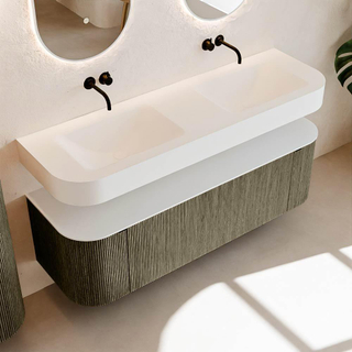 MONDIAZ THOR 150cm meuble de salle de bains arrondi gauche + droite couleur Shadow avec 1 tiroir et 2 portes. Vasque suspendue CLOUD Double sans trou de robinet couleur Talc.