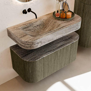 MONDIAZ THOR-DLUX 100cm meuble de salle de bains arrondi gauche + droite couleur Shadow avec 1 tiroir et 2 portes. Vasque suspendue CLOUD Gauche sans trou de robinet couleur Oza.