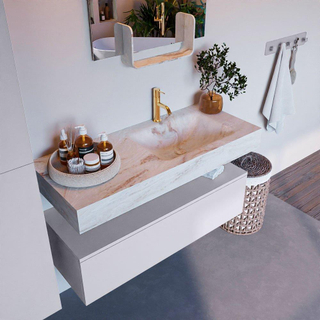Mondiaz ALAN-DLUX Ensemble de meuble - 110cm - meuble Cale mat - 1 tiroir - Lavabo Cloud Frappe suspendu - vasque Droite - 1 trou de robinet
