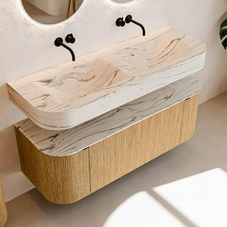 MONDIAZ THOR-DLUX 130cm meuble de salle de bains arrondi gauche + droite couleur Chêne avec 1 tiroir et 2 portes. Vasque suspendue CLOUD Double sans trou de robinet couleur Nata.