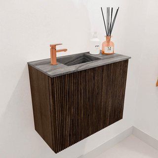 Mondiaz JOYA-DLUX 50cm toiletmeubel - kleur Walnut - Wastafel FAYE positie Links 1 kraangat kleur Sombra.