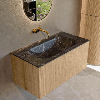 MONDIAZ KURVE-DLUX 90cm Meuble salle de bain - couleur Oak - 1 tiroir - vasque BIG SMALL centre - sans trou de robinet - couleur Lava