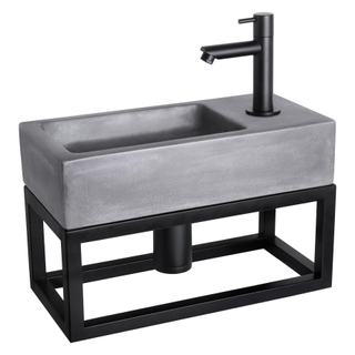 Differnz Ravo fonteinset - 38.5x18.5x25cm - Rechthoek - 1 kraangat - Recht matte zwarte kraan - met zwart frame - beton donkergrijs SHOWROOMMODEL
