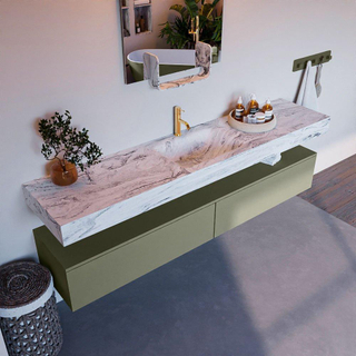 Mondiaz ALAN-DLUX Ensemble de meuble - 200cm - meuble Army mat - 2 tiroirs - Lavabo Cloud Glace suspendu - vasque Centre - 1 trou de robinet