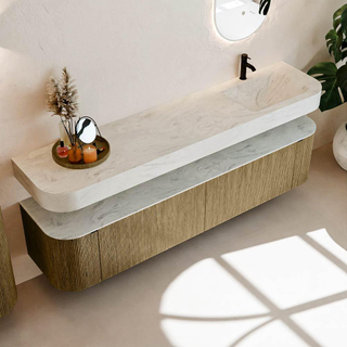 MONDIAZ THOR-DLUX 200cm meuble de salle de bains arrondi gauche + droite couleur Dusk avec 2 tiroirs et 2 portes. Vasque suspendue CLOUD Droite 1 trou de robinet couleur Opalo.