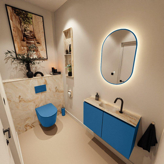 MONDIAZ TURE-DLUX Meuble toilette - 80cm - Jeans - EDEN - vasque Frappe - position centrale - 1 trou de robinet