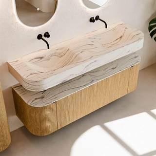 MONDIAZ THOR-DLUX 150cm meuble de salle de bains arrondi gauche + droite couleur Oak avec 1 tiroir et 2 portes. Vasque suspendue CLOUD Double sans trou de robinet couleur Nata.