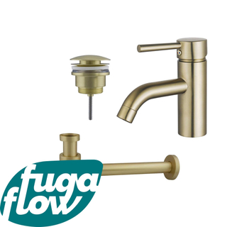 FugaFlow Eccelente Sobrado Badkamer Wastafelkraanset - lage wastafelkraan - klikwaste plug - verlaagde design sifon - PVD Geborsteld Messing