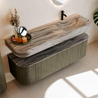 MONDIAZ THOR-DLUX 150cm meuble de salle de bains arrondi gauche + droite couleur Shadow avec 1 tiroir et 2 portes. Vasque suspendue CLOUD Droite 1 trou de robinet couleur Sombra.