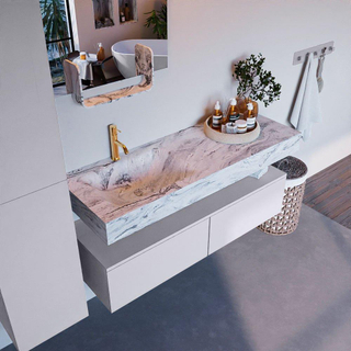 Mondiaz ALAN-DLUX Ensemble de meuble - 130cm - meuble Cale mat - 2 tiroirs - Lavabo Cloud Glace suspendu - vasque Gauche - 1 trou de robinet