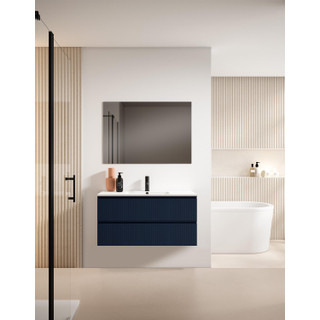 Adema Prime Blend Ensemble de meuble - 100x55x46cm - 1 vasque ovale en céramique Blanc - 1 trou de robinet - 2 tiroirs - avec miroir rectangulaire - Navy Blue