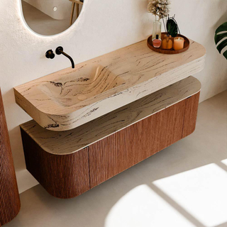 MONDIAZ THOR-DLUX 140cm meuble de salle de bains arrondi gauche + droite couleur Ruby avec 1 tiroir et 2 portes. Vasque suspendue CLOUD Gauche sans trou de robinet couleur Arena.