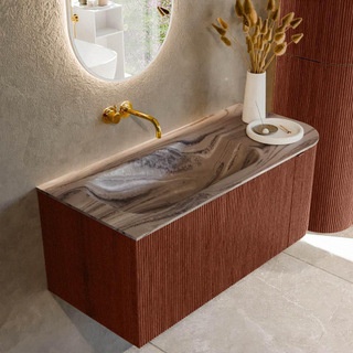 MONDIAZ KURVE-DLUX 105cm badmeubel ronding Rechts kleur Ruby met 1 lade en 1 deur. Wastafel BIG SMALL Links zonder kraangat Sombra.