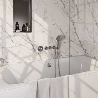 BRAUER Stripe Mitigeur thermostatique de bain - SET 02 - encastré - combinaison de remplissage de baignoire - douchette 3 positions - flexible de douche - coude mural - couleur inox brossé PVD