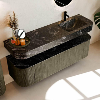 MONDIAZ THOR-DLUX 160cm meuble de salle de bains arrondi gauche + droite couleur Shadow avec 1 tiroir et 2 portes. Vasque suspendue CLOUD droite 1 trou de robinet couleur Lava.