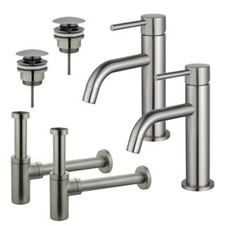 Fortifura Calvi Kit robinet lavabo - pour double vasque - robinet bas - bonde clic clac - siphon design - Inox brossé PVD