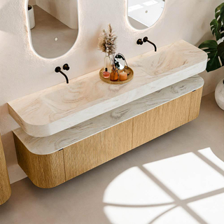 MONDIAZ THOR-DLUX Meuble de salle de bains - 200cm - arrondi gauche + droite - couleur Oak - 2 tiroirs - 2 portes - Vasque suspendue CLOUD Double sans trou de robinet - couleur Ostra