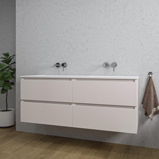 Adema Chaci Badkameronderkast - 140cm - 4 lades - greeploos - wit keramieke wastafel - overloop - 2 wasbakken - zonder kraangaten - mat cotton (beige)