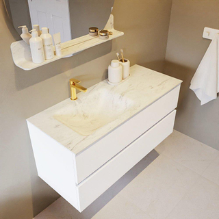 Mondiaz VICA-DLUX ensemble de meuble de salle de bain - 110cm - meuble sous lavabo talc - 2 tiroirs - lavabo encastré cloud gauche - 1 trou de robinet - version haute de 60cm - opalo