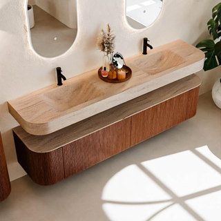 MONDIAZ THOR-DLUX 200cm meuble de salle de bains arrondi gauche + droite couleur Ruby avec 2 tiroirs et 2 portes. Vasque suspendue CLOUD Double 2 trous de robinet couleur Saba.