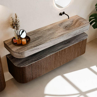 MONDIAZ THOR-DLUX Meuble de salle de bains - 170cm - arrondi gauche + droite - couleur Walnut - 1 tiroir et 2 portes - Vasque suspendue CLOUD Droite sans trou de robinet - couleur Oza