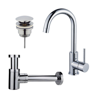 FortiFura Calvi Kit robinet lavabo - robinet haut - bec rotatif - bonde clic clac - siphon design bas - Chrome brillant
