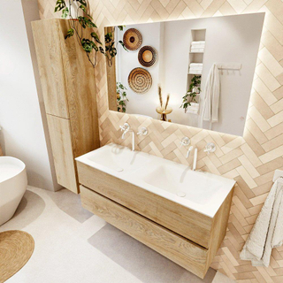 MONDIAZ VICA 120cm badmeubel onderkast Washed Oak 2 lades. Wastafel CLOUD dubbel 2 kraangaten, kleur Talc.