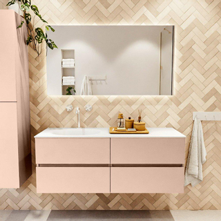 Mondiaz VICA Ensemble de meuble de salle de bain - 130cm - meuble sous vasque rosee - 4 tiroirs - lavabo moon gauche - 1 trou de robinet - version haute de 60cm - talc