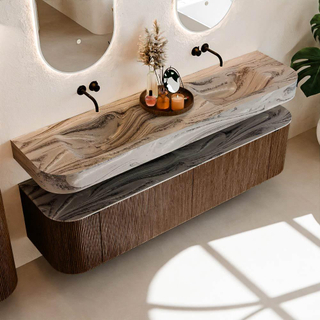 MONDIAZ THOR-DLUX 180cm meuble de salle de bains arrondi gauche + droite couleur Walnut avec 2 tiroirs et 2 portes. Vasque suspendue CLOUD Double sans trou de robinet couleur Sombra.