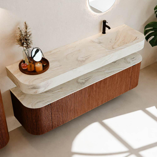 MONDIAZ THOR-DLUX 170cm meuble de salle de bains arrondi gauche + droite couleur Ruby avec 1 tiroir et 2 portes. Vasque suspendue CLOUD Droite 1 trou de robinet couleur Ostra.