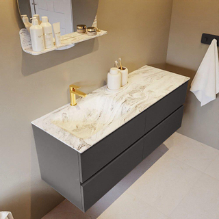 Mondiaz VICA-DLUX ensemble de meuble de salle de bain - 130cm - meuble sous-vasque gris foncé - 4 tiroirs - lavabo encastré cloud gauche - 1 trou de robinet - miroir modèle spot - version XL 60cm haut - glace