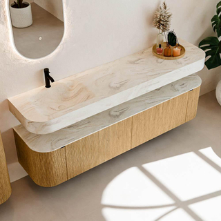 MONDIAZ THOR-DLUX Meuble de salle de bains - 190cm - arrondi gauche + droite - couleur Oak - 2 tiroirs et 2 portes - Vasque suspendue CLOUD Gauche 1 trou de robinet couleur Ostra