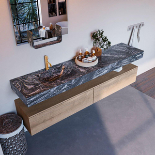 Mondiaz ALAN-DLUX Ensemble de meuble - 200cm - meuble Washed Oak mat - 2 tiroirs - Lavabo Cloud Lava suspendu - vasque Gauche - 1 trou de robinet