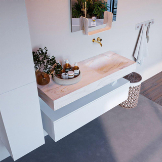 Mondiaz ALAN-DLUX Ensemble de meuble - 120cm - meuble Talc mat - 1 tiroir - Lavabo Cloud Ostra suspendu - vasque Droite - 0 trous de robinet