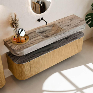 MONDIAZ THOR-DLUX 170cm meuble de salle de bains arrondi gauche + droite couleur Oak avec 1 tiroir et 2 portes. Vasque suspendue CLOUD Centre sans trou de robinet couleur Sombra.