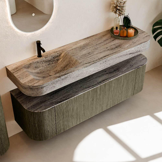 MONDIAZ THOR-DLUX 160cm meuble de salle de bains arrondi gauche + droite couleur Shadow avec 1 tiroir et 2 portes. Vasque suspendue CLOUD Gauche 1 trou de robinet couleur Oza.