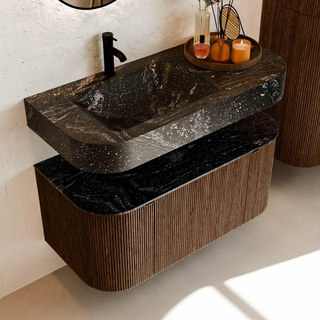 MONDIAZ THOR-DLUX Meuble de salle de bains - 100cm - arrondi gauche + droite - couleur Walnut - 1 tiroir et 2 portes - Vasque suspendue CLOUD gauche 1 trou de robinet couleur Lava