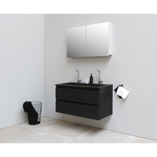 Basic Bella Meuble salle de bains avec lavabo acrylique Noir avec armoire toilette 2 portes gris 100x55x46cm 2 trous de robinet Noir mat