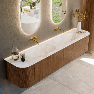 MONDIAZ KURVE-DLUX 200cm Meuble salle de bain avec module 25 G et D - couleur Walnut - 2 tiroirs - 2 portes - vasque STOR SMALL double - sans trou de robinet - couleur Frappe